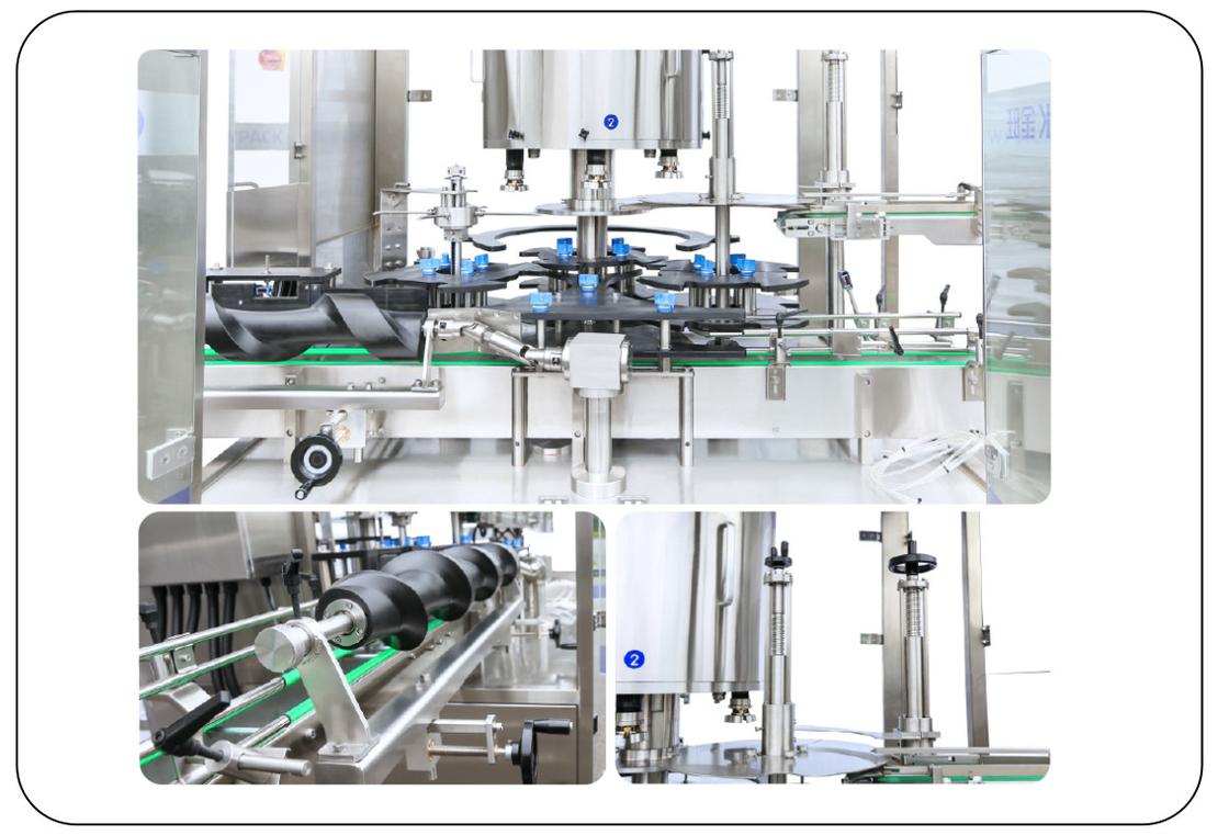 Ελεγχόμενο από PLC περιστροφικό αυτόματο μηχανισμό κάλυψης με βίδες 8 κεφαλή 50ML-1000ML Max 9000 BPH